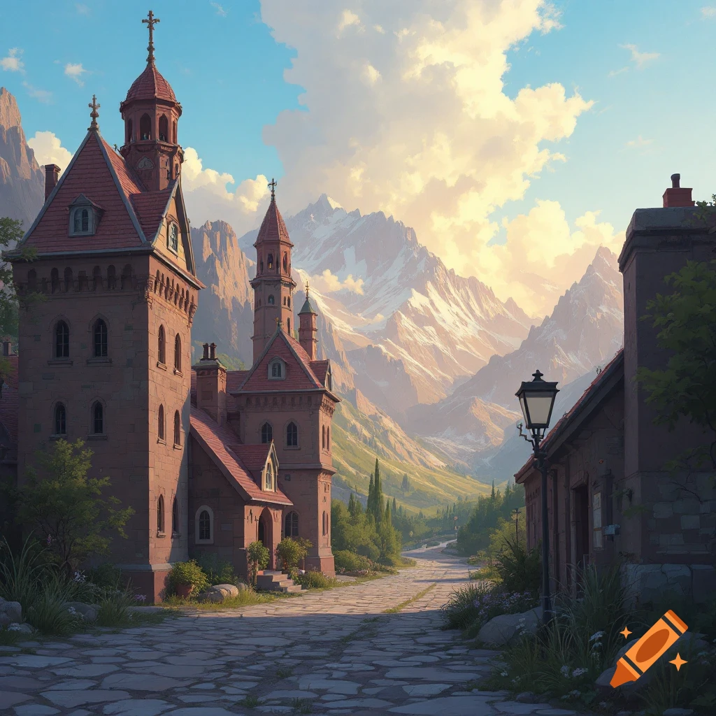 Castle-like buildings along a road lead into a mountain valley under a cloudy sky.