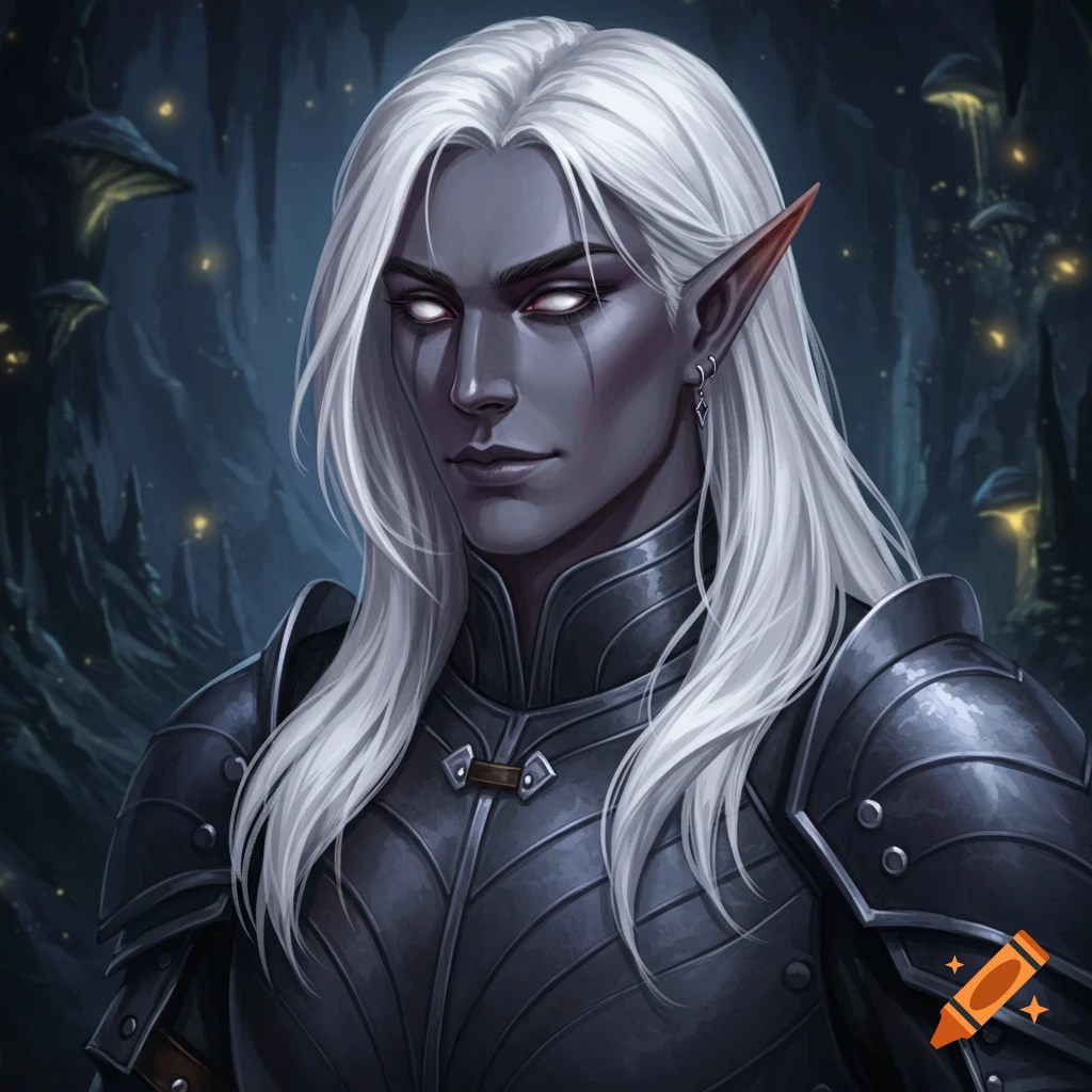 A male dark elf with white hair and pale eyes wears black armor. He is in a cave filled with glowing mushrooms.