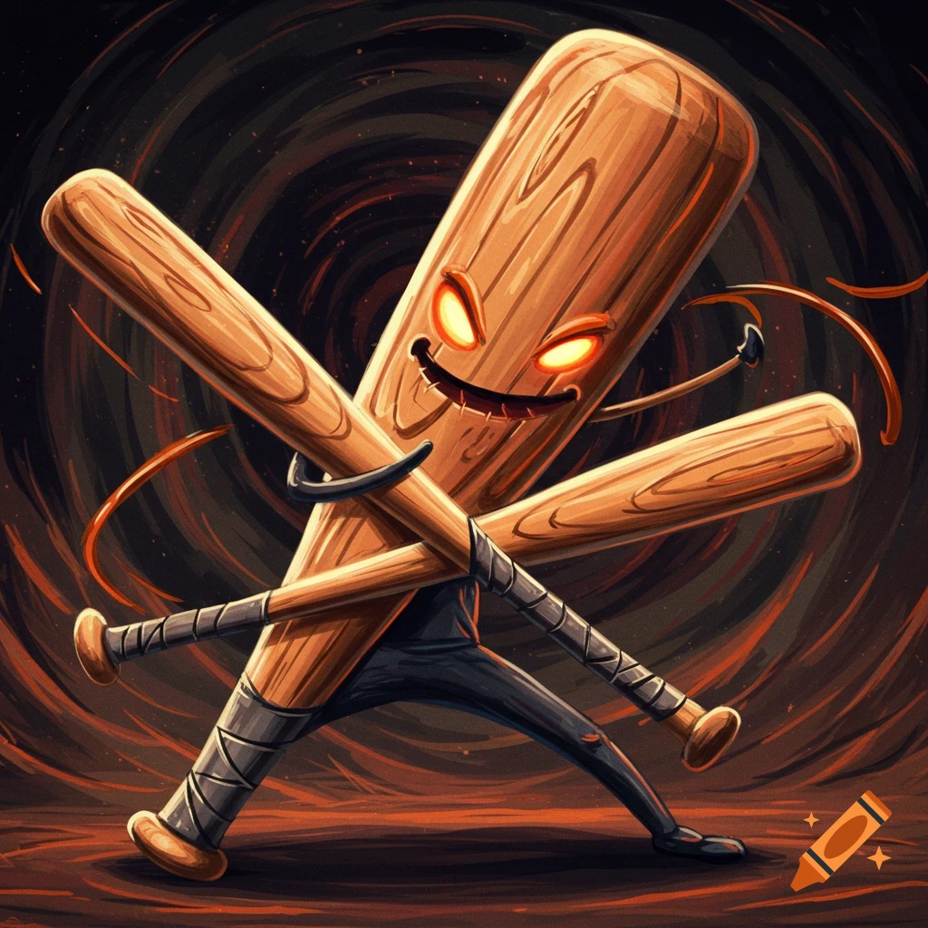 Illustration of two anthropomorphic baseball bats with glowing eyes in a dynamic pose against a dark, swirling background.
