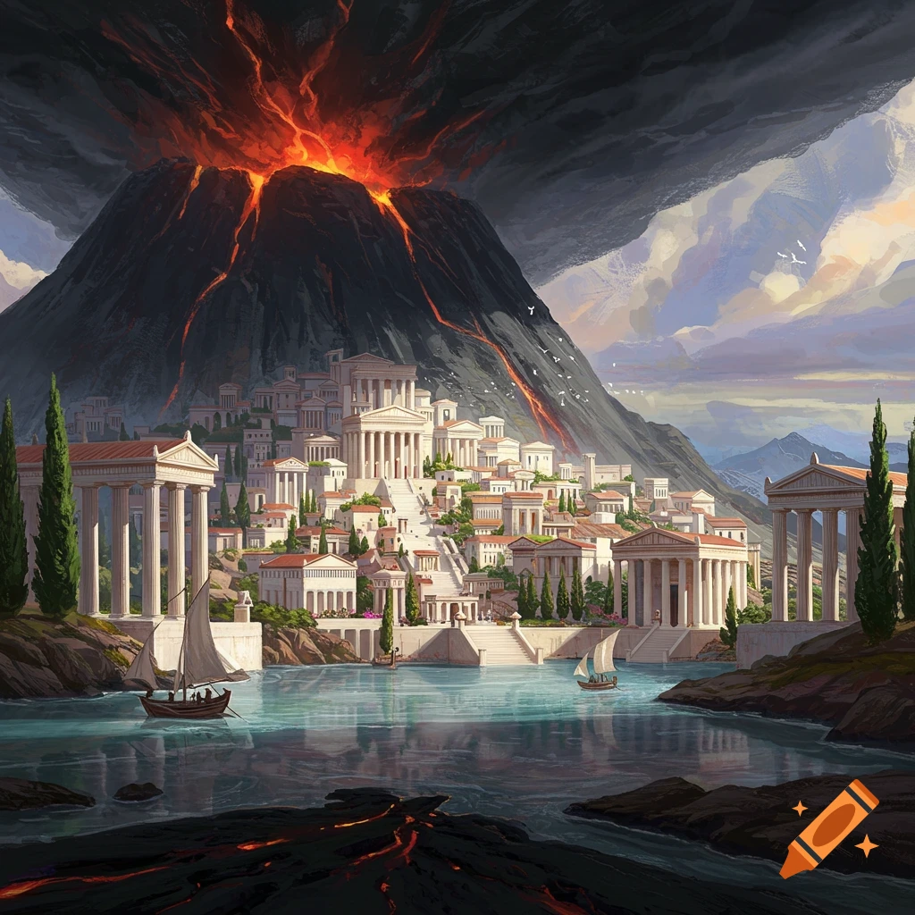 A classical fantasy city by a lake with a large erupting volcano.