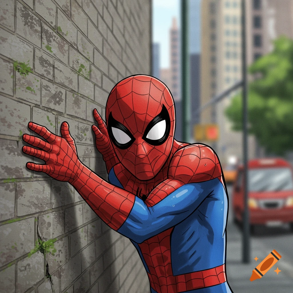 Spider-Man leans against a brick wall in a city street, illustration style