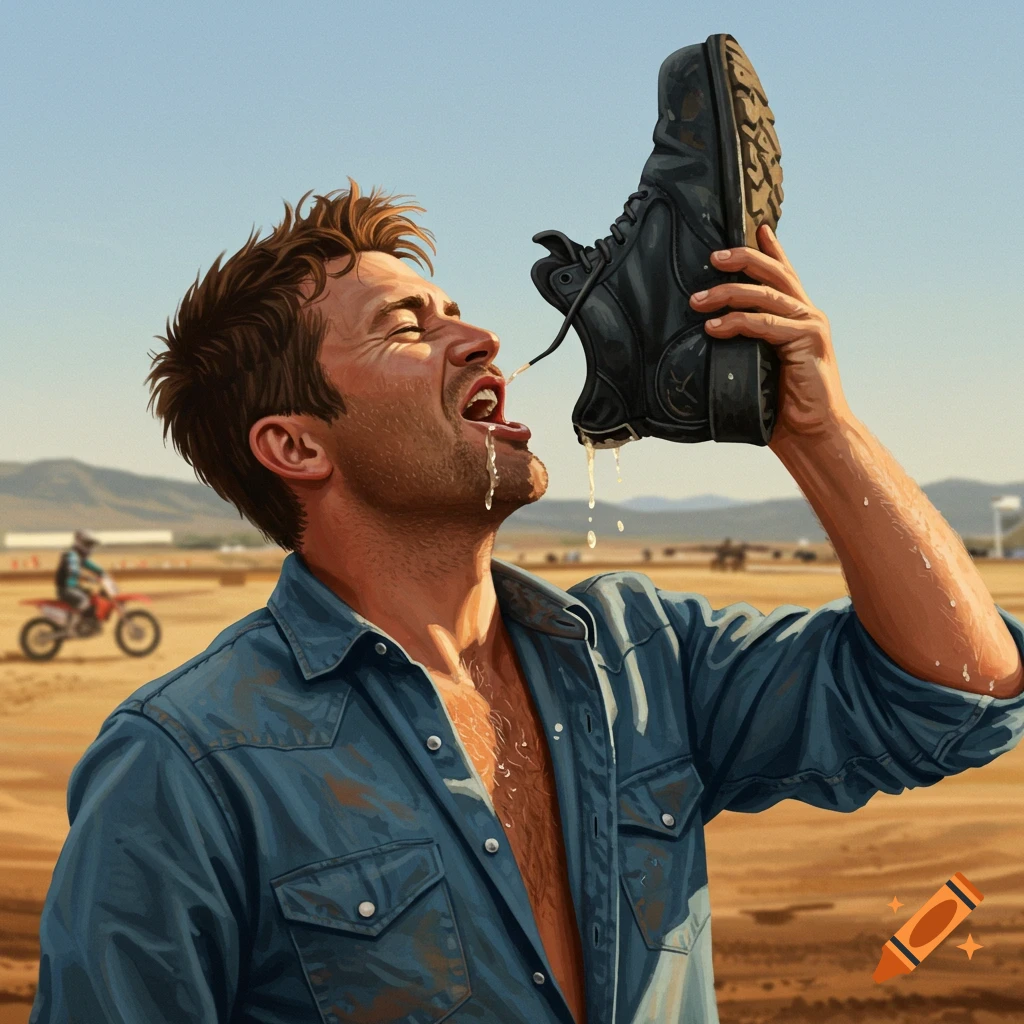Realistic image of a man drinking from a shoe (doing a shoey) in a dusty outdoor setting.