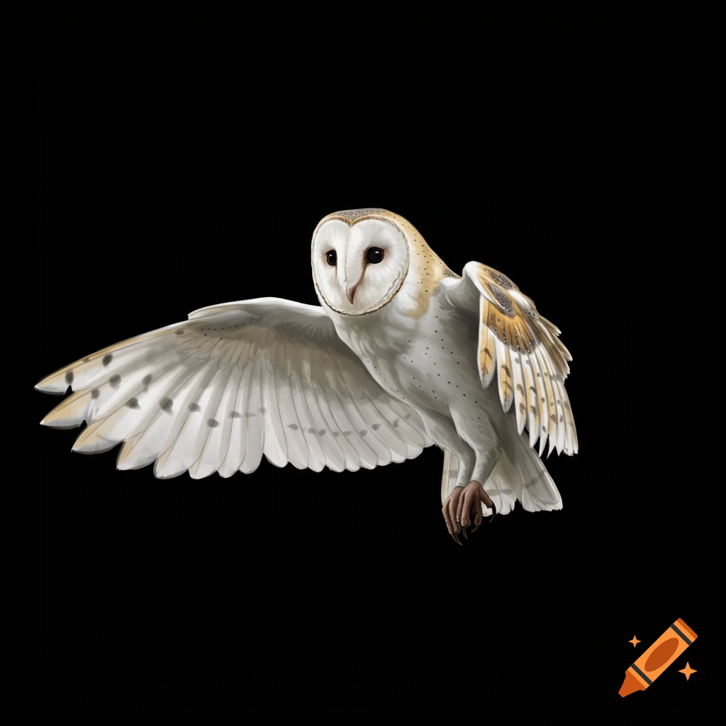 A barn owl flying upwards against a black background