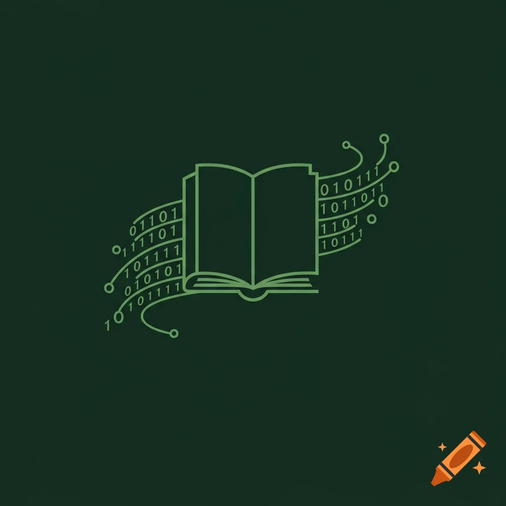Green outline logo of an open book with binary code flowing from its pages on a dark green background.