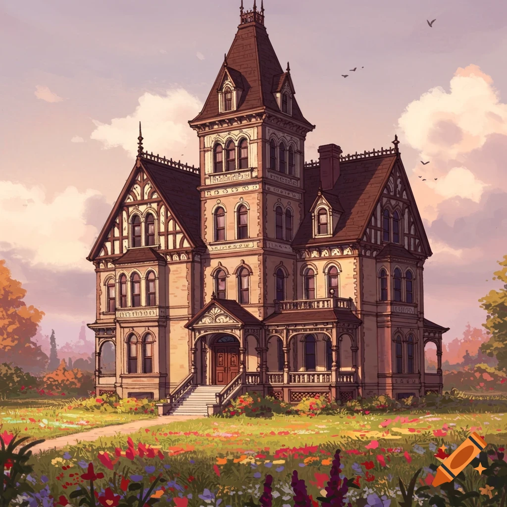 A large Victorian-style house in a field of wildflowers under a cloudy sky.