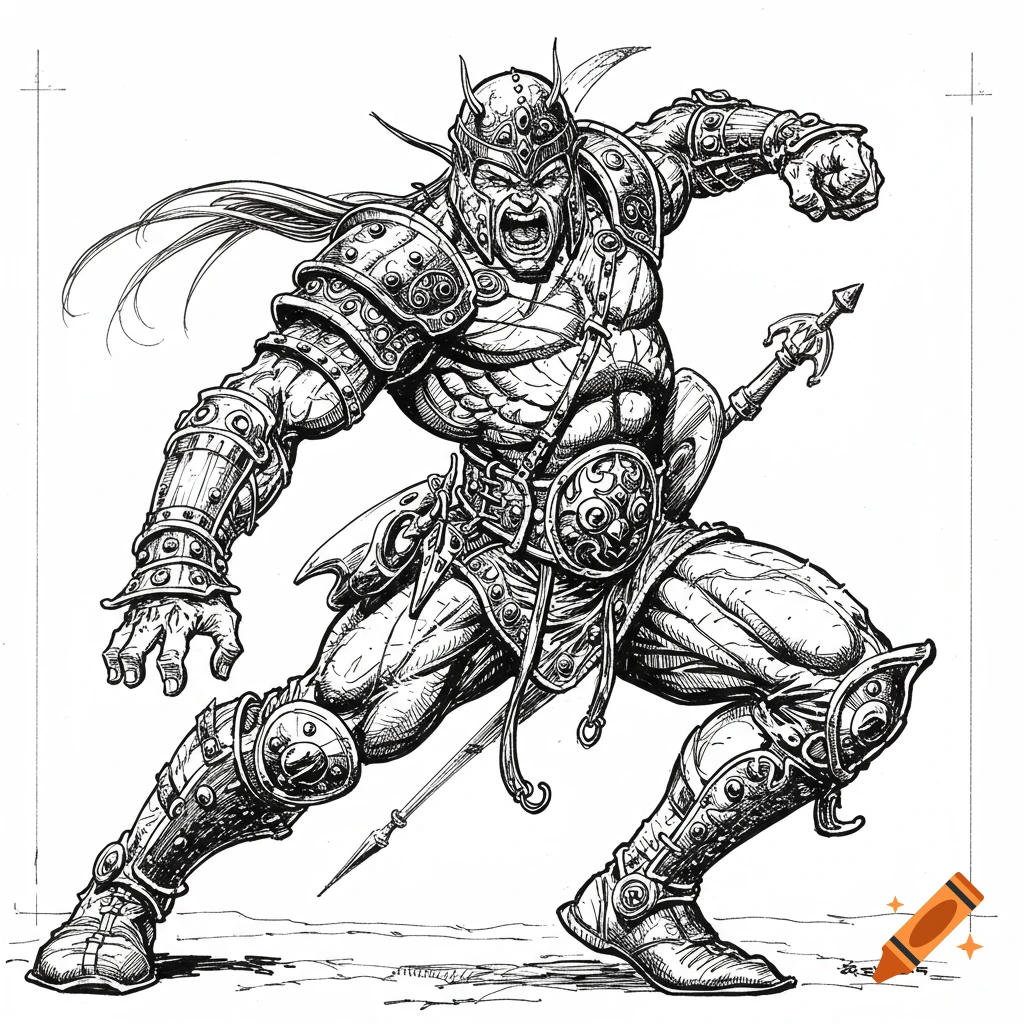 Detailed pen and ink line art illustration of a fantasy warrior in intricate armor striking a dynamic pose.
