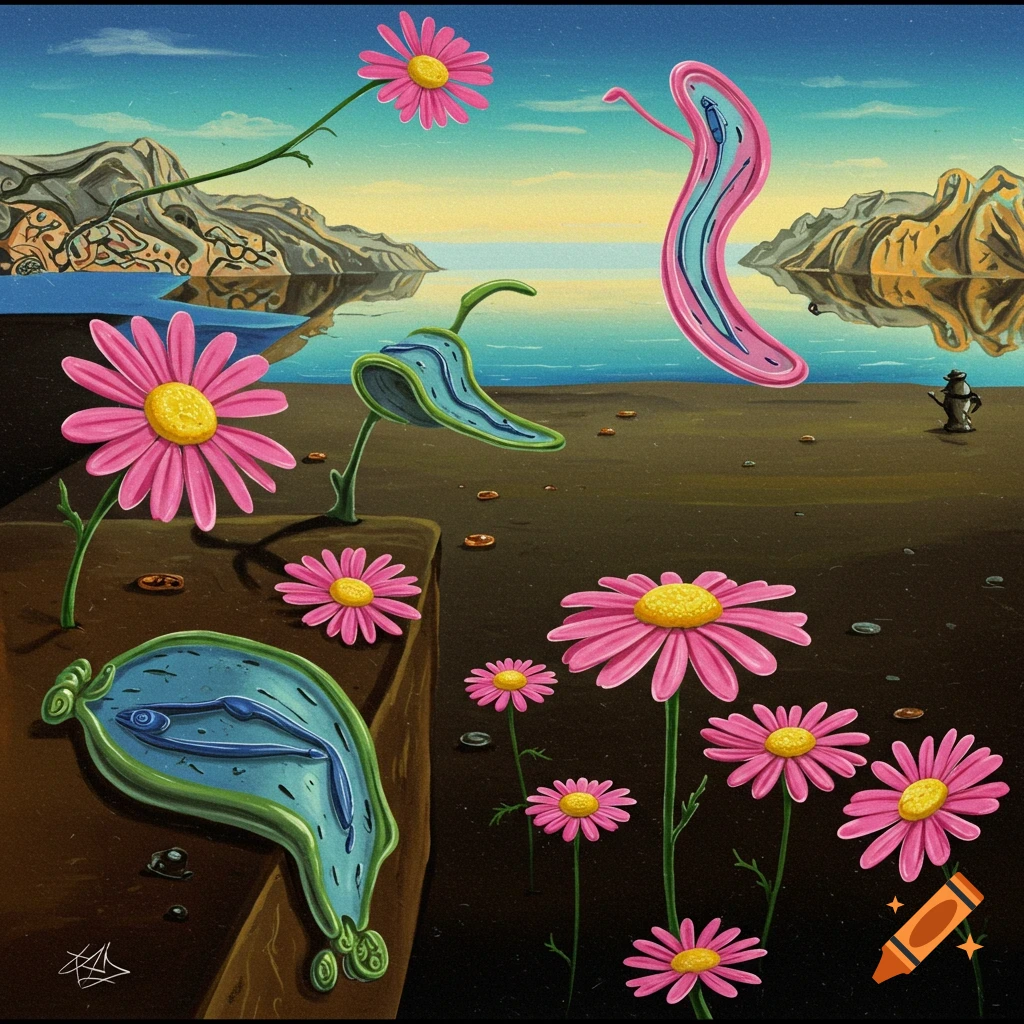 Surreal scene in the style of Dali with melting clocks, pink daisies, and a watery landscape.