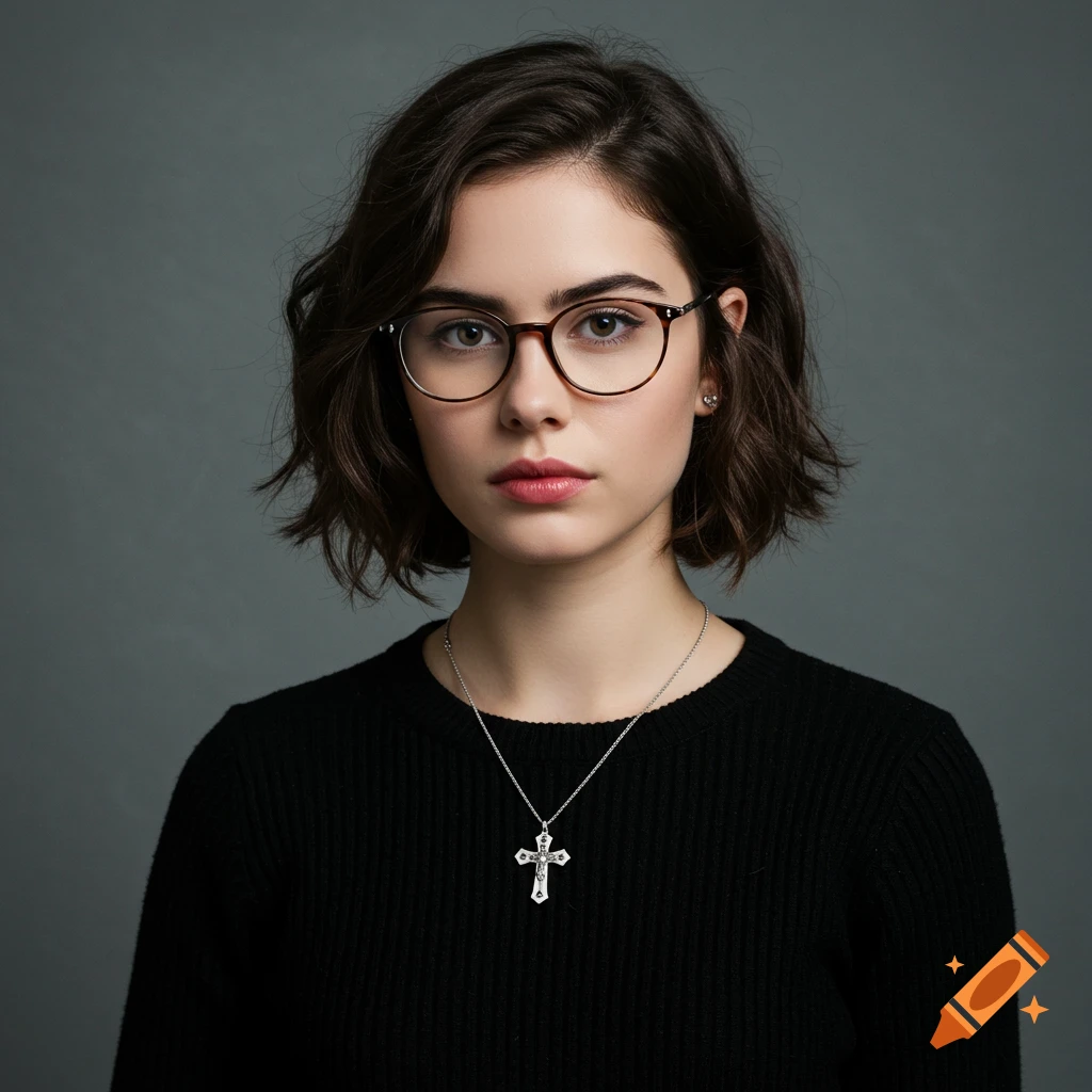A young woman with short brown hair and glasses wears a black sweater and a silver cross necklace, looking forward.