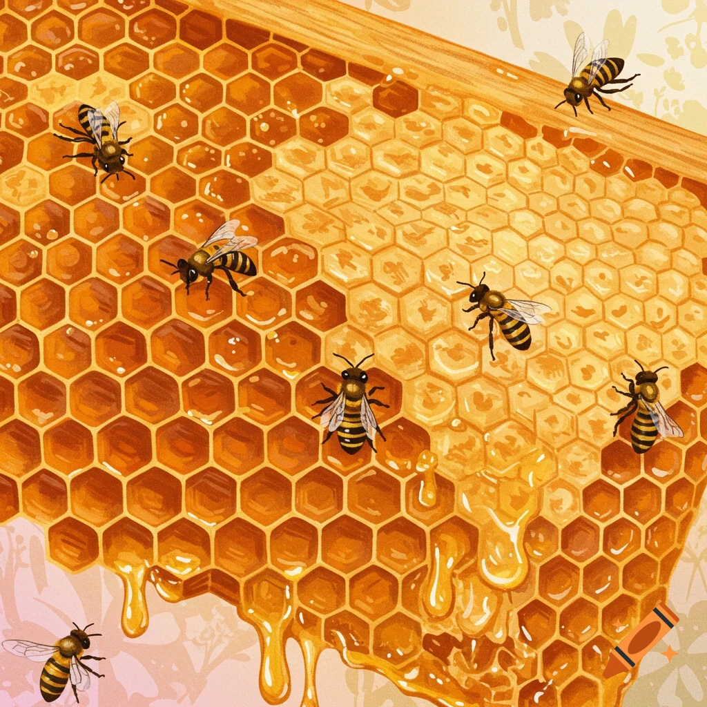 Artistic illustration of bees on a honeycomb with dripping honey.