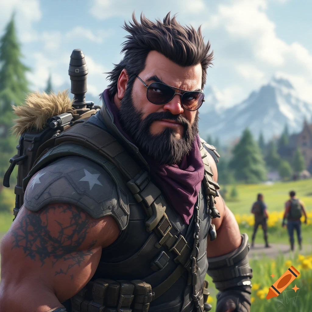 Digital art of a muscled man with a beard and sunglasses, wearing tactical gear in an outdoor landscape.