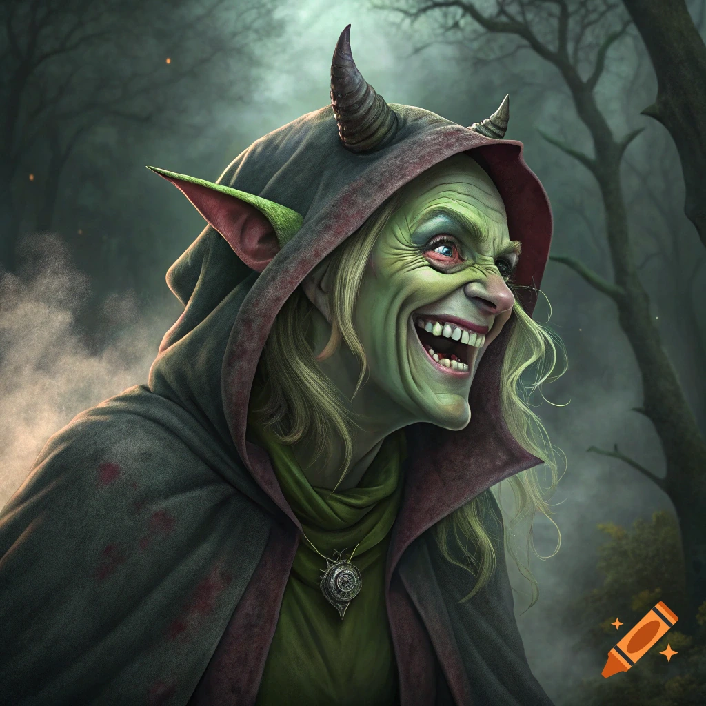 A cackling green-skinned goblin wearing a hooded cloak stands in a dark forest.