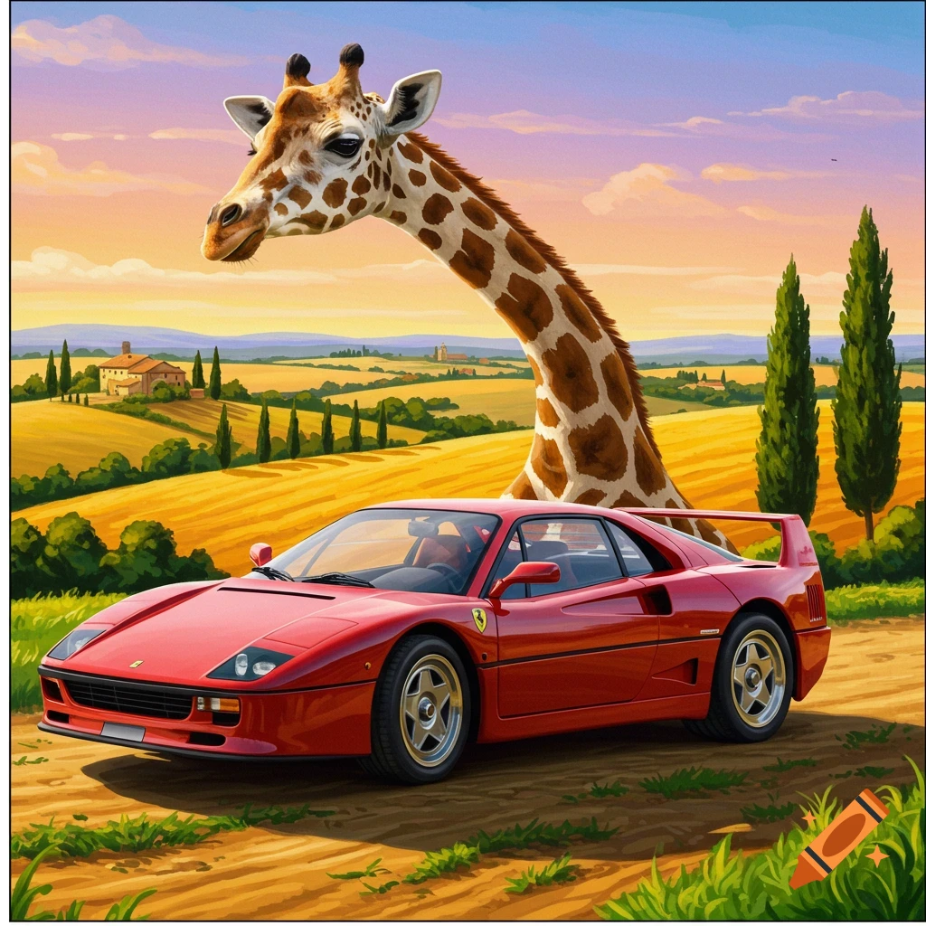 A giraffe stands beside a red Ferrari in a rural landscape