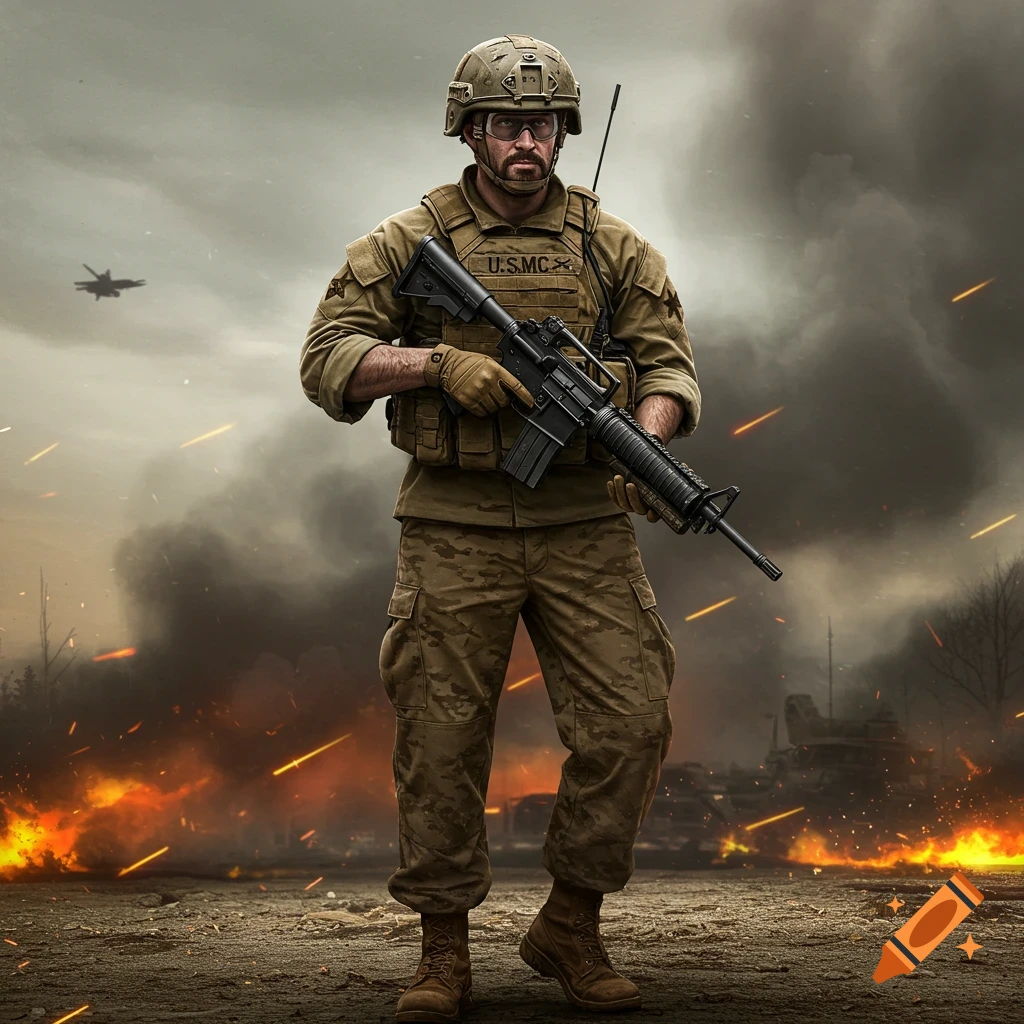 A soldier stands in a combat zone holding a rifle.