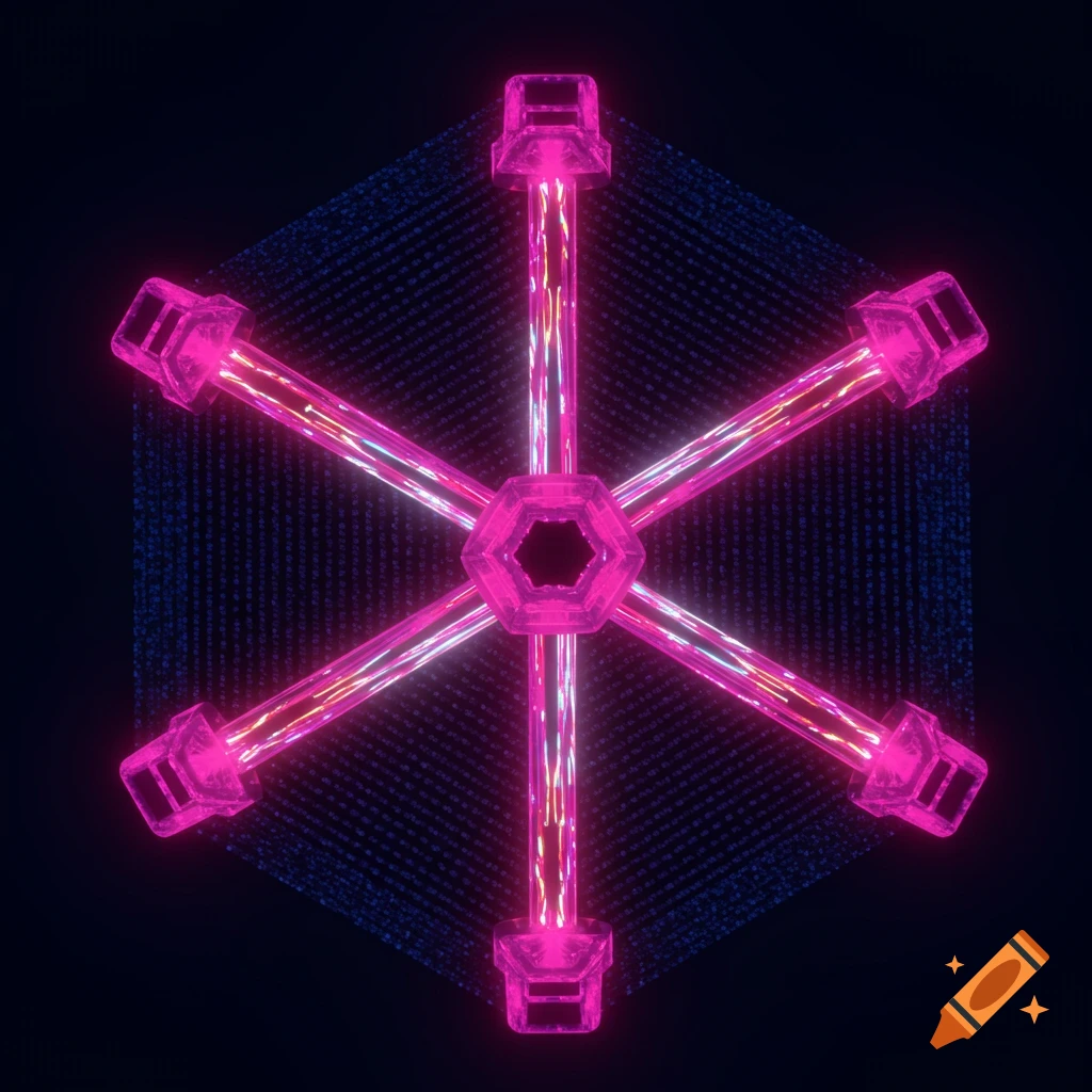 A glowing pink hexagonal structure on a dark background with a blue pattern.