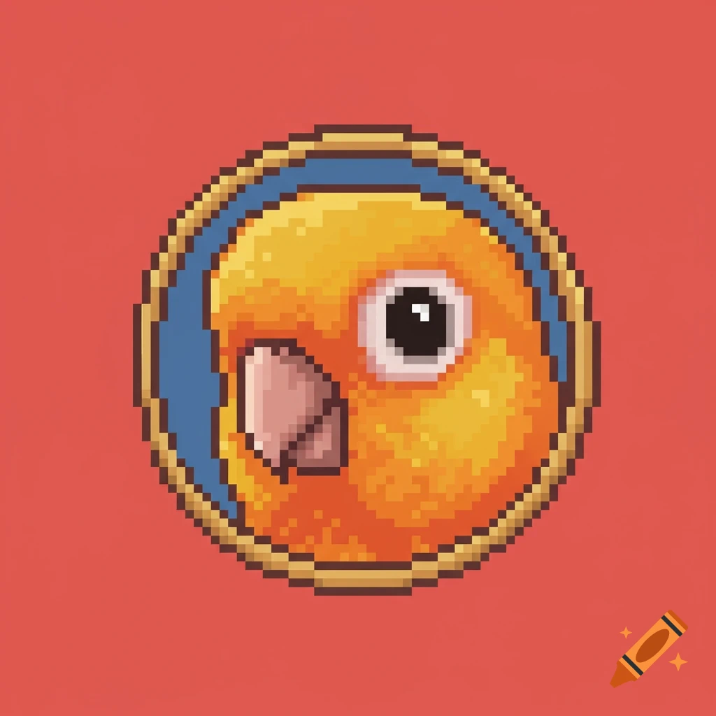 Pixel art conure bird face inside a round coin border