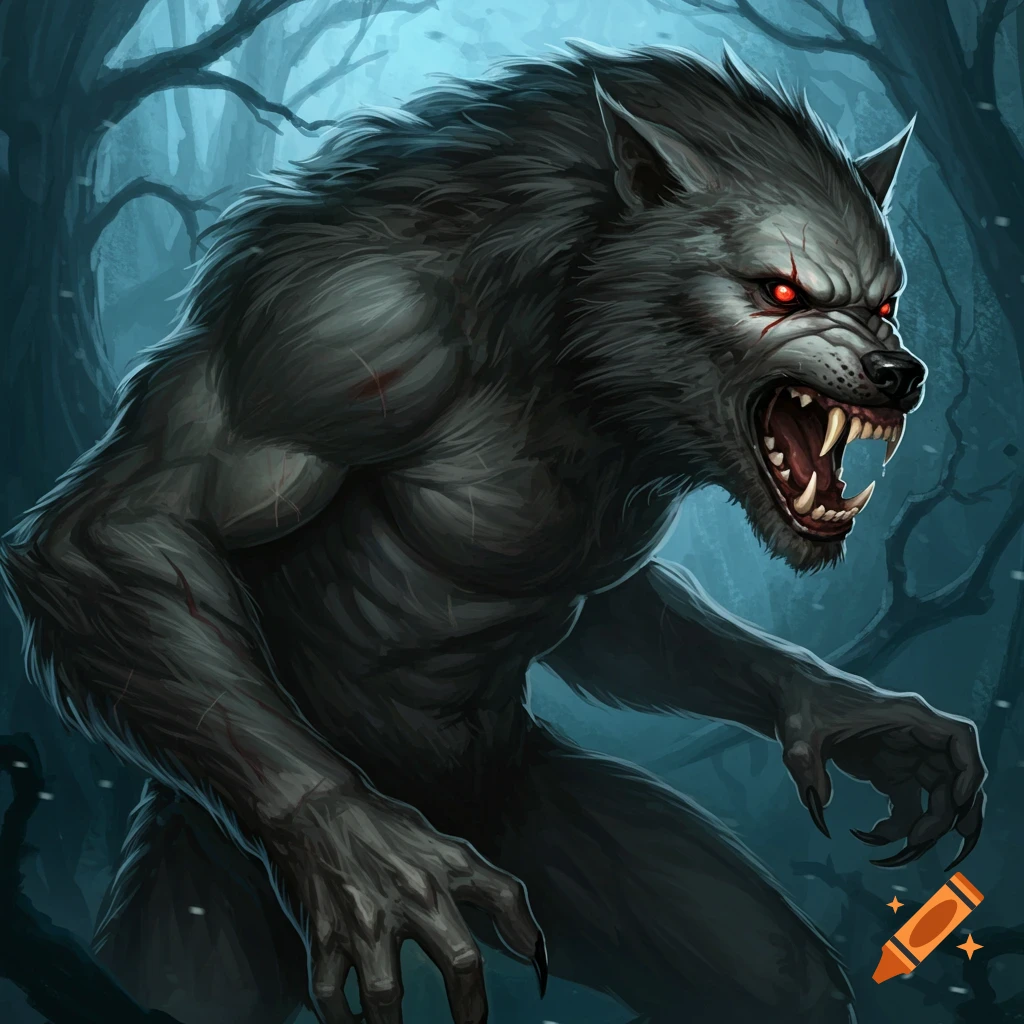 A scary werewolf with red eyes stands in a dark forest.