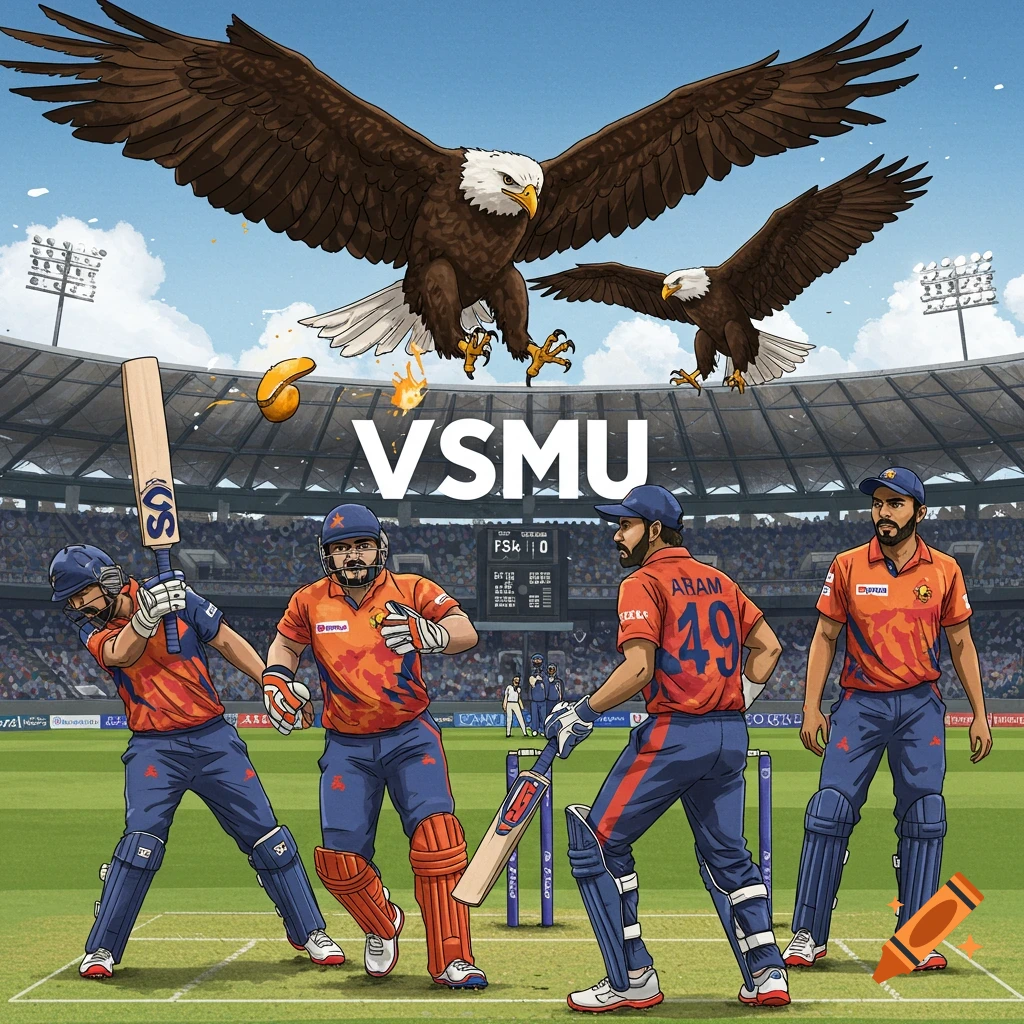 A cricket match is in progress with players on the field, while two large eagles fly over the stadium.