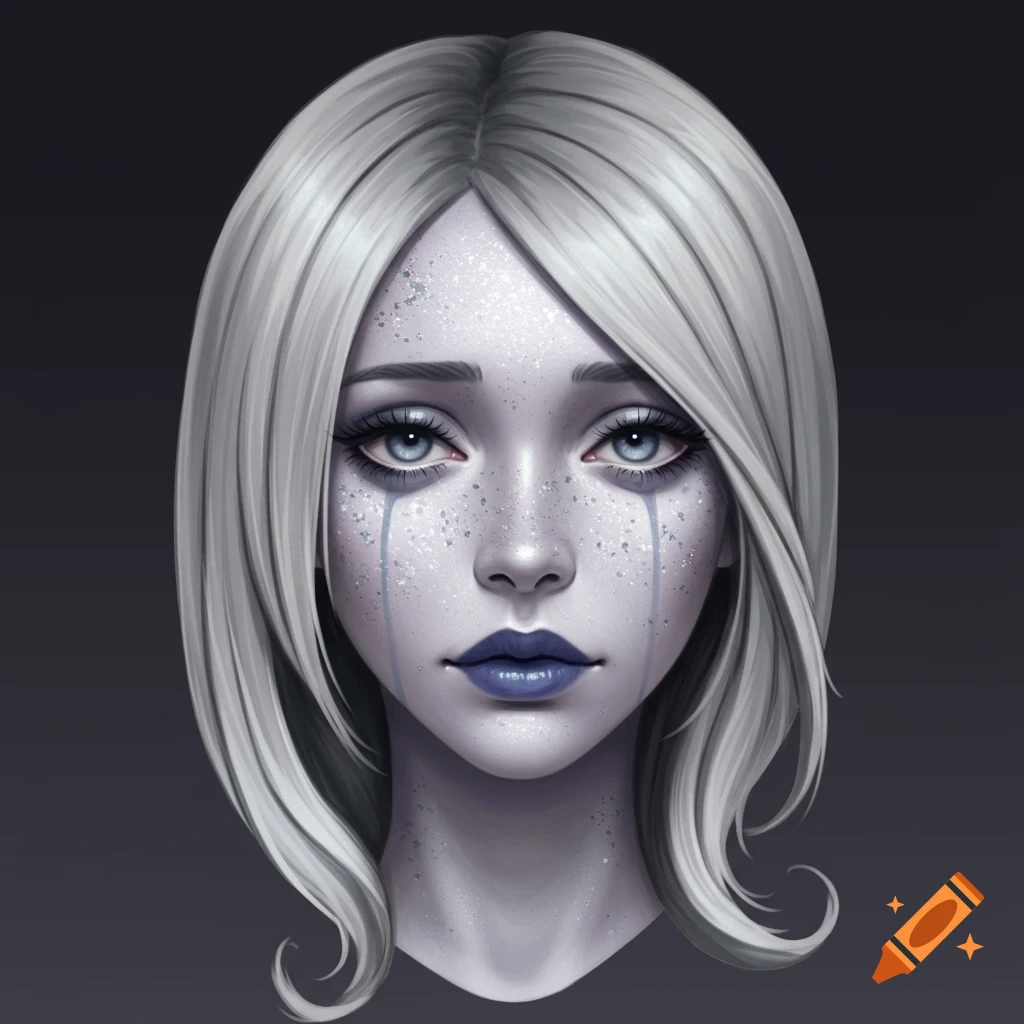 Stylized portrait of a pale-skinned woman with glittery freckles, blue eyes, blue lips, white hair, and tear streaks.