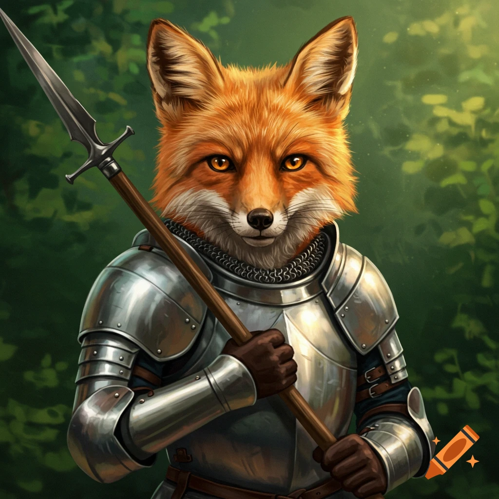 A fox in full plate armor holding a spear