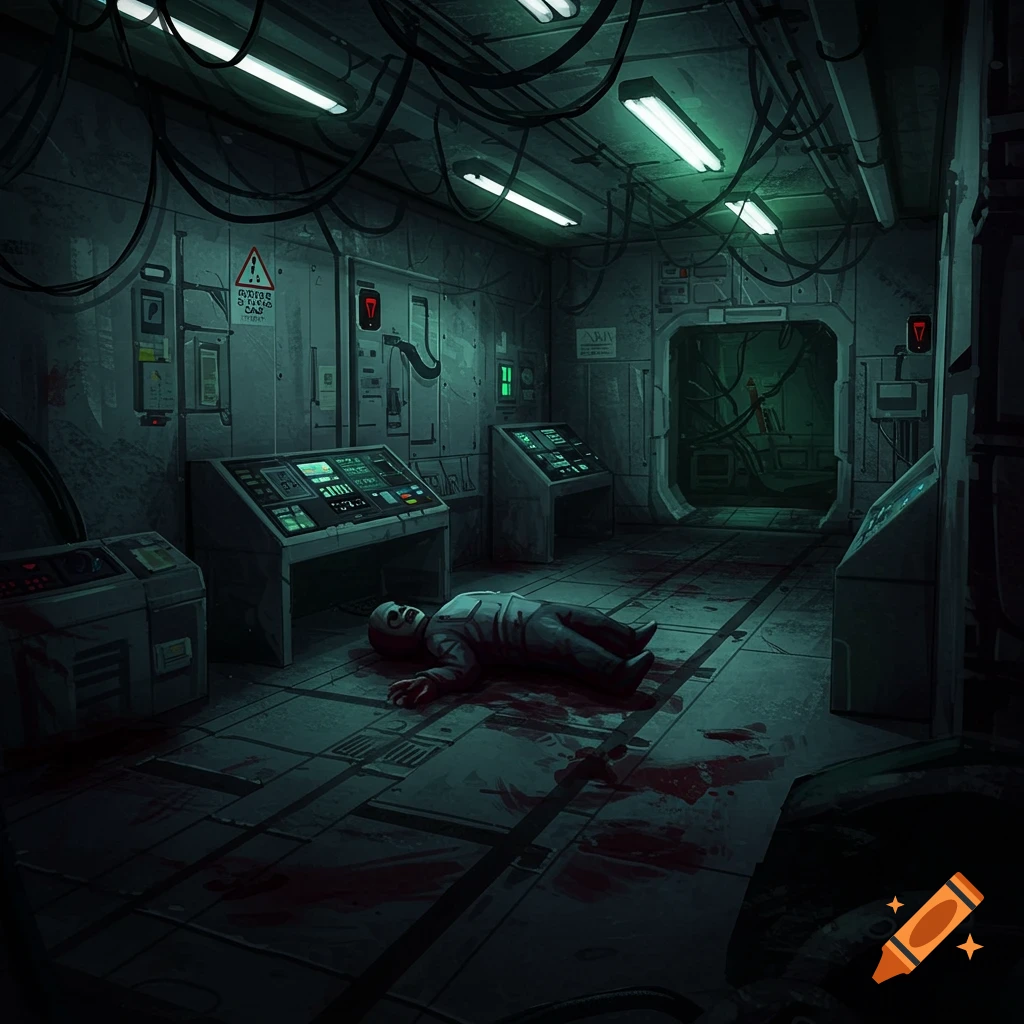 A dead body lies on a bloody floor in a dark, sci-fi industrial room with wires, consoles, and a doorway.