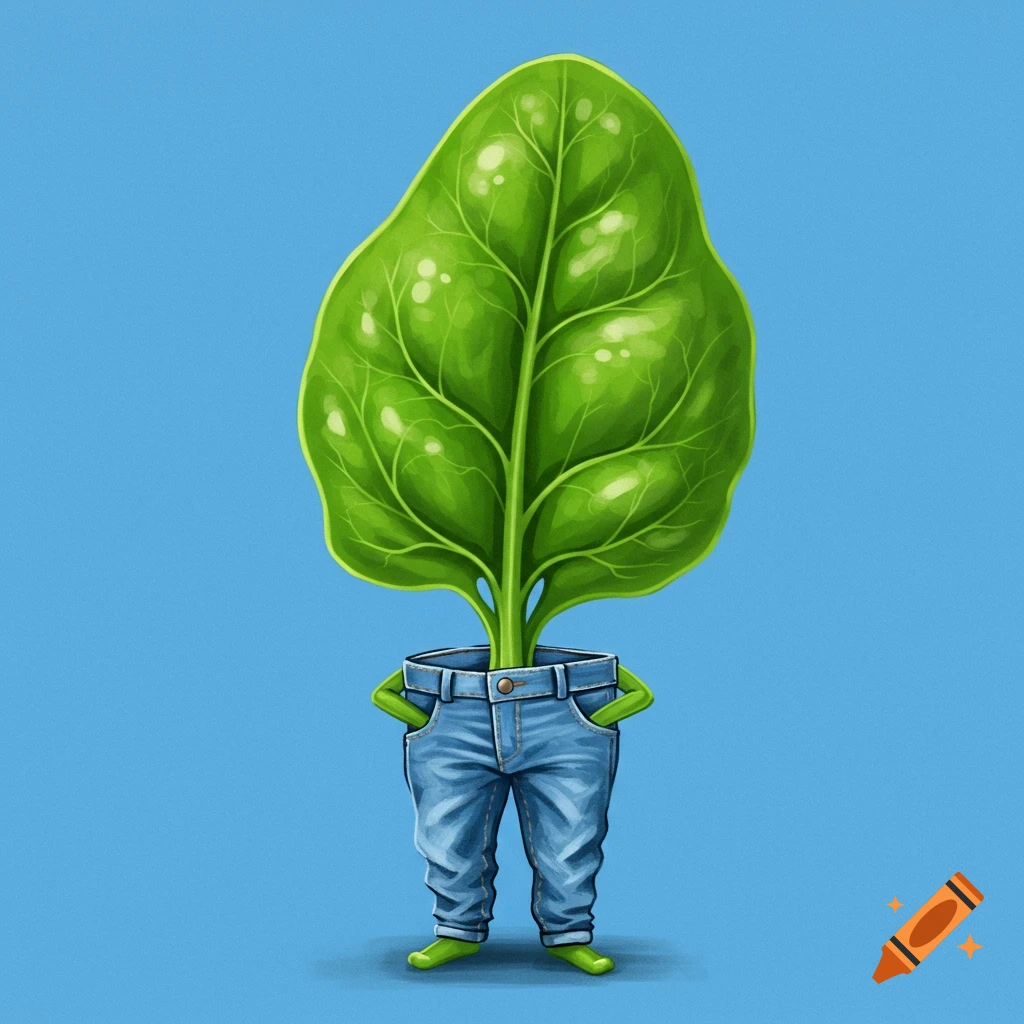 A spinach leaf standing in blue jeans