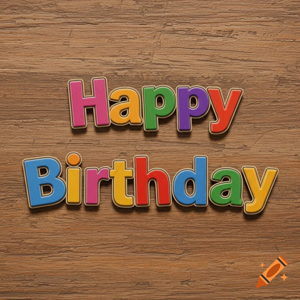 Colorful Happy Birthday letters on a wooden background.