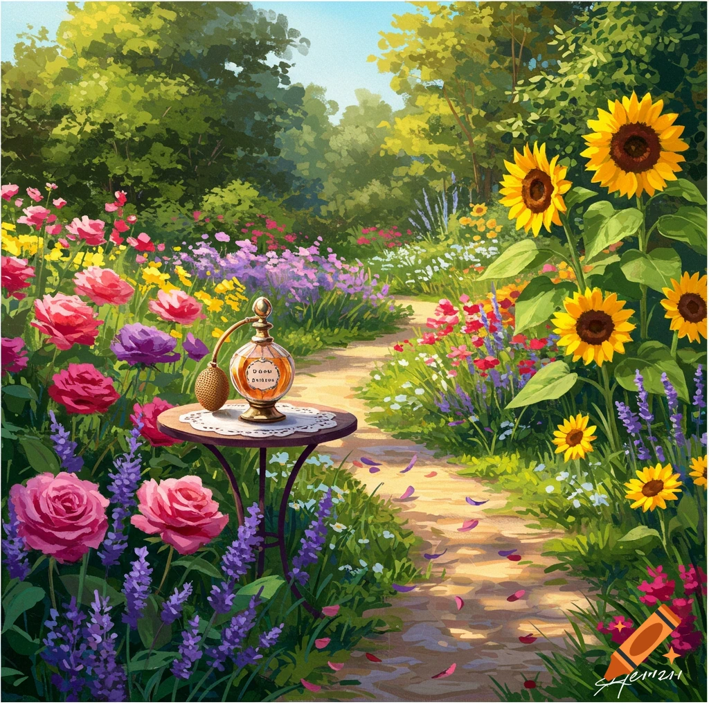 A perfume bottle sits on a table in a colorful garden filled with roses, sunflowers, and lavender.