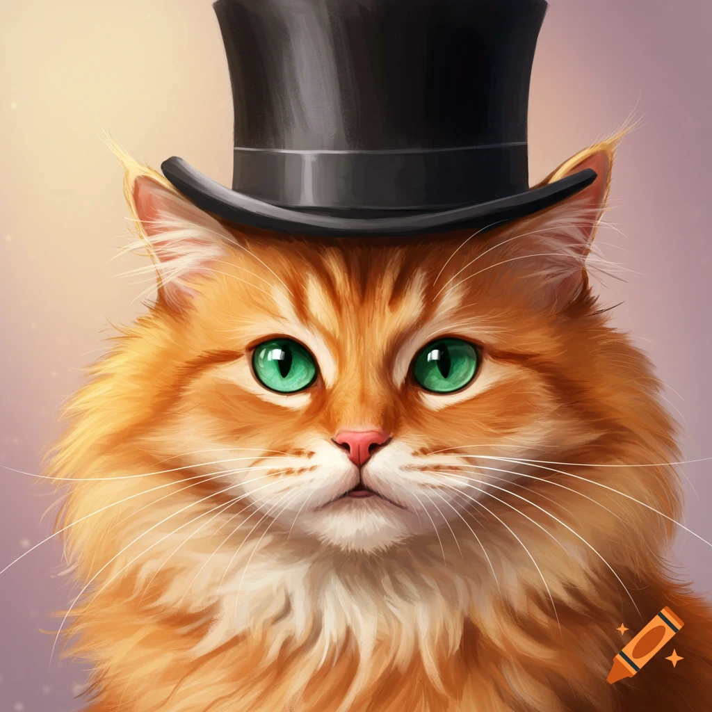 An orange fluffy cat with green eyes wearing a black top hat.