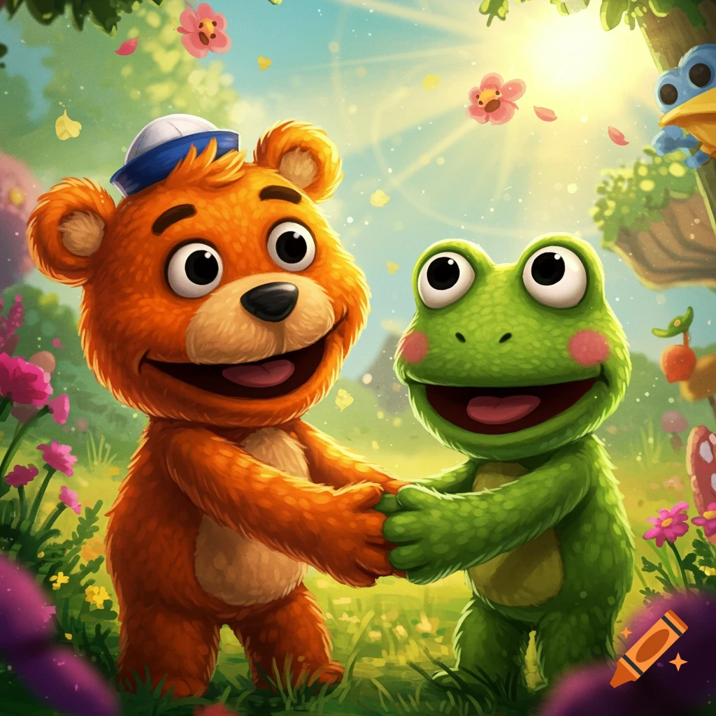 A cheerful cartoon bear and frog puppet holding hands in a whimsical, sunny forest clearing