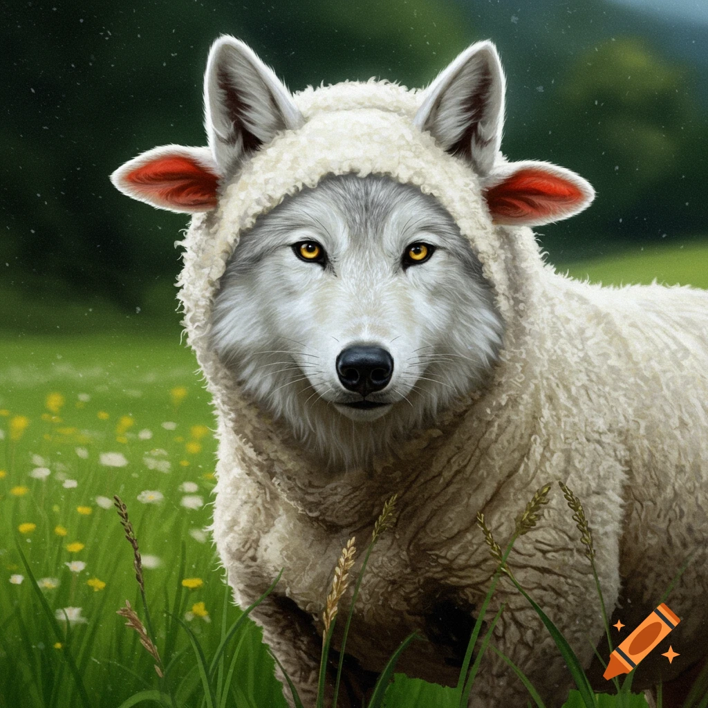 A realistic image of a wolf wearing sheep's clothing stands in a grassy field.