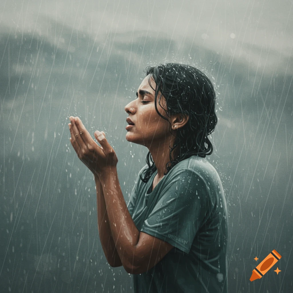A person with hands raised in the rain, eyes closed.