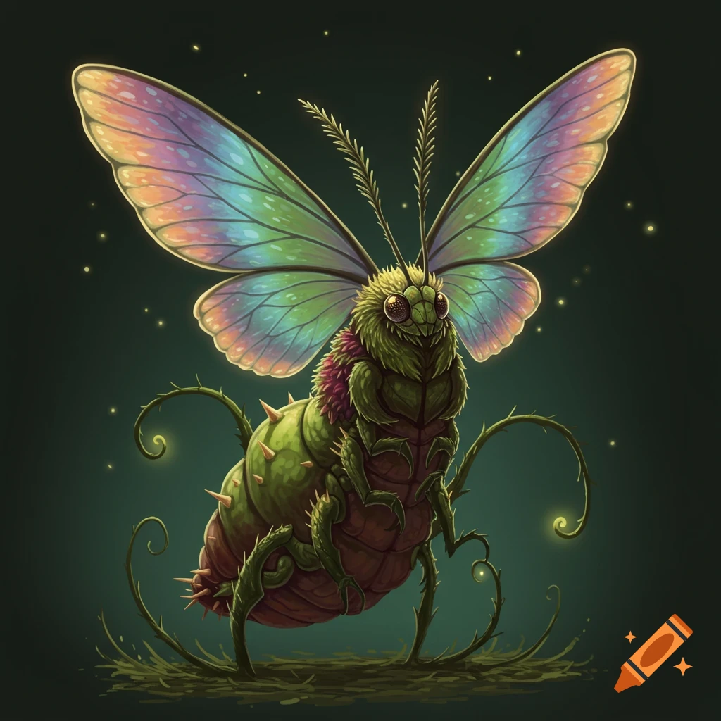 A green, spiky creature with iridescent wings and vine-like legs.