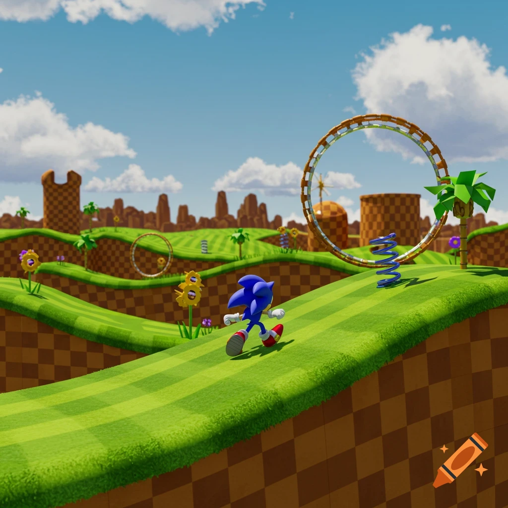 Sonic runs through the iconic checkerboard hills and loops of the Green Hill Zone in a bright 3D render.