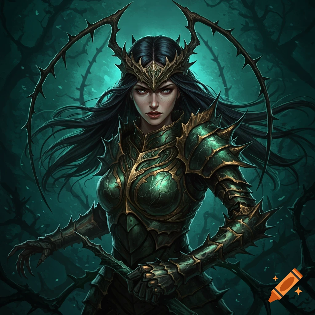 A female fantasy warrior with dark hair wears green, thorn-like armor and a matching headpiece, standing in a dark, thorny forest.