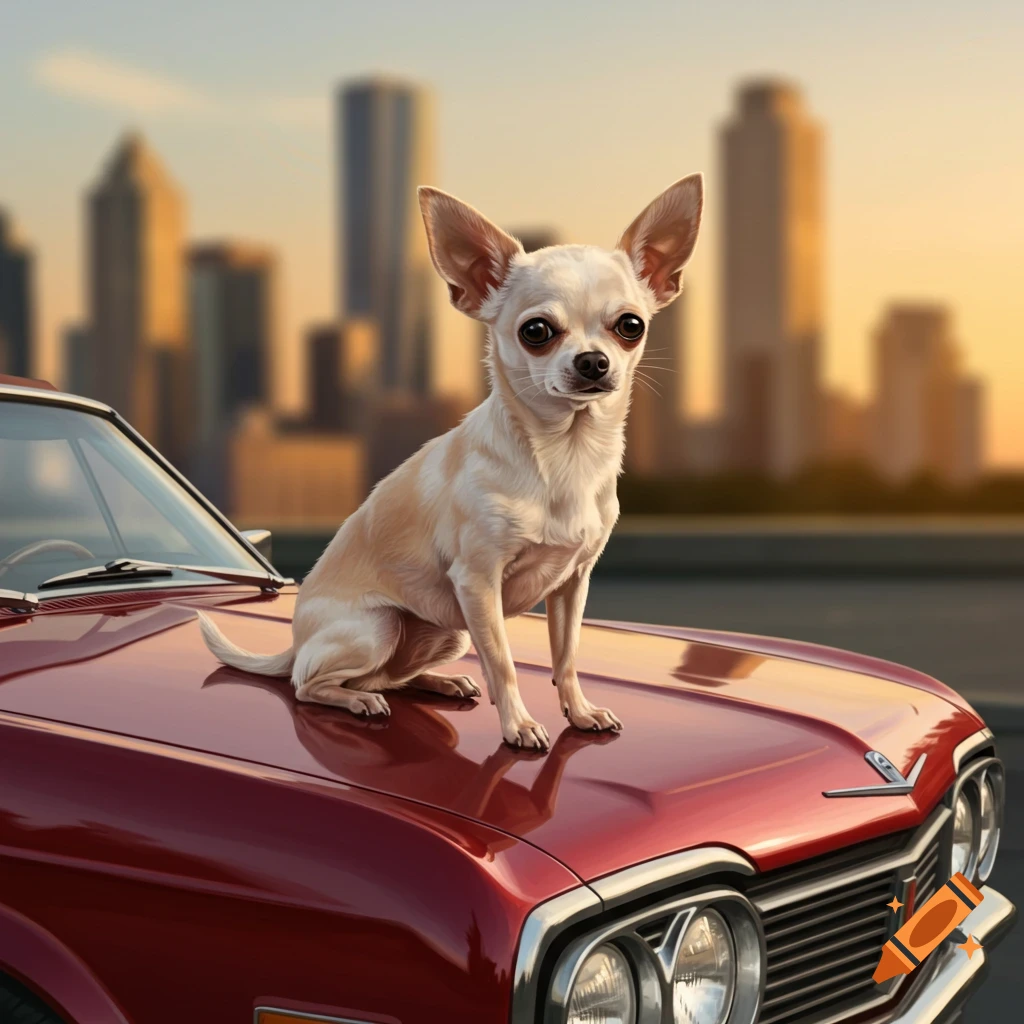 A chihuahua sitting on a red car with a city skyline at sunset.