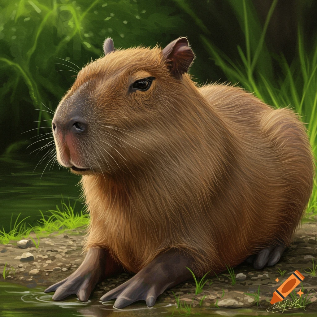 A capybara is sitting by the water in a forest clearing.