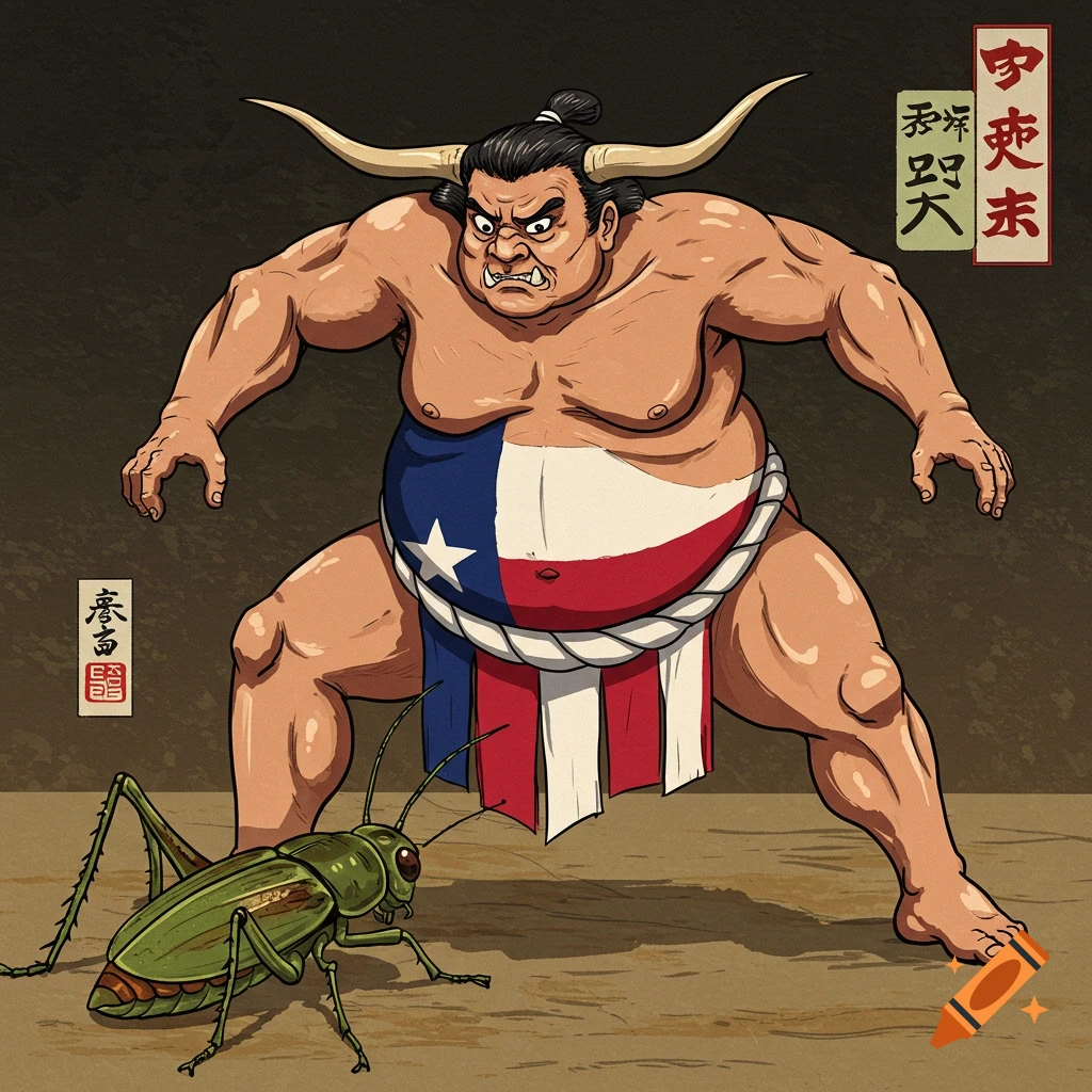 A stylized illustration of a sumo wrestler with bull horns and a Texas flag mawashi, facing a large grasshopper.