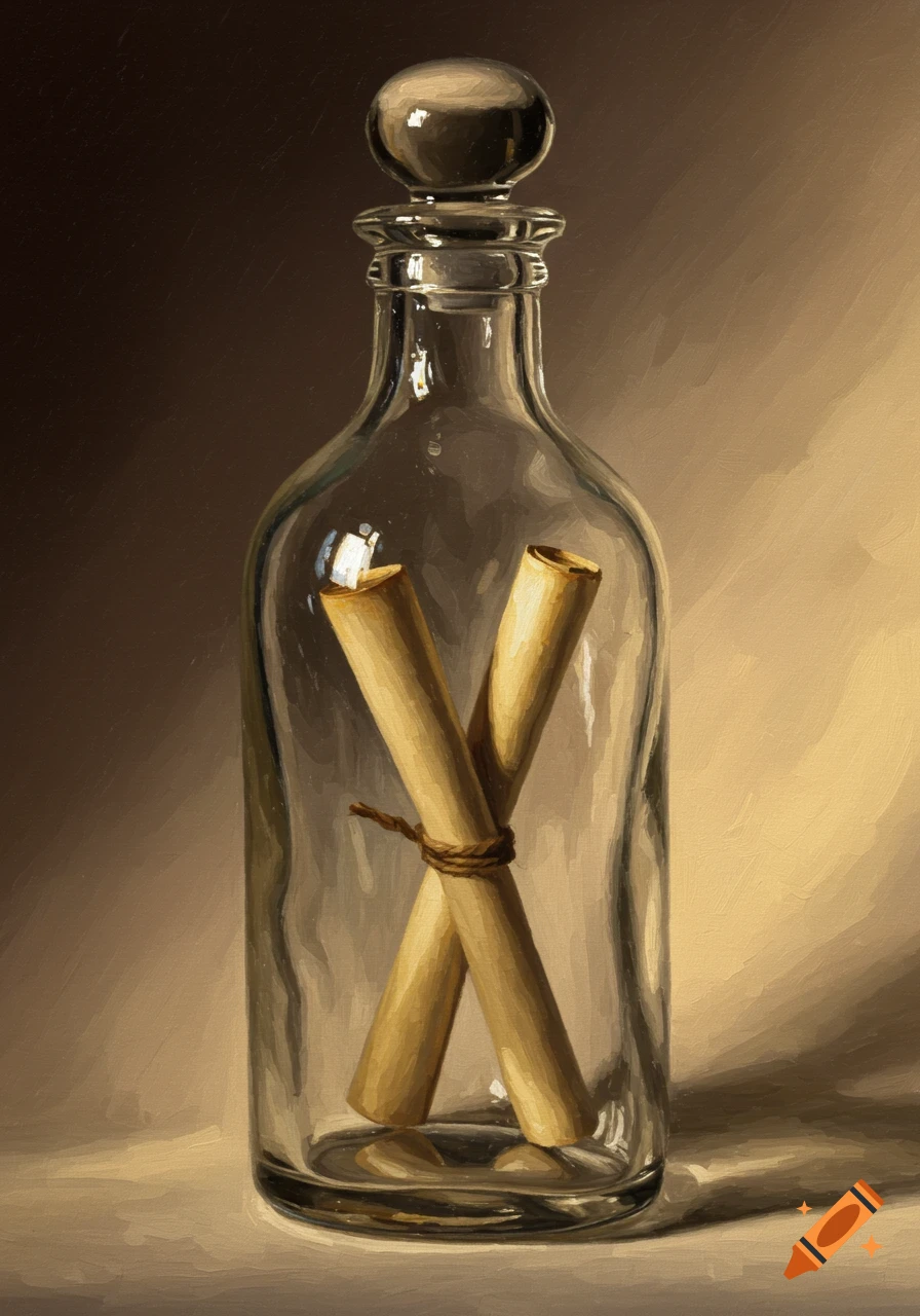 A still life painting of a glass bottle with two rolled paper scrolls tied inside.