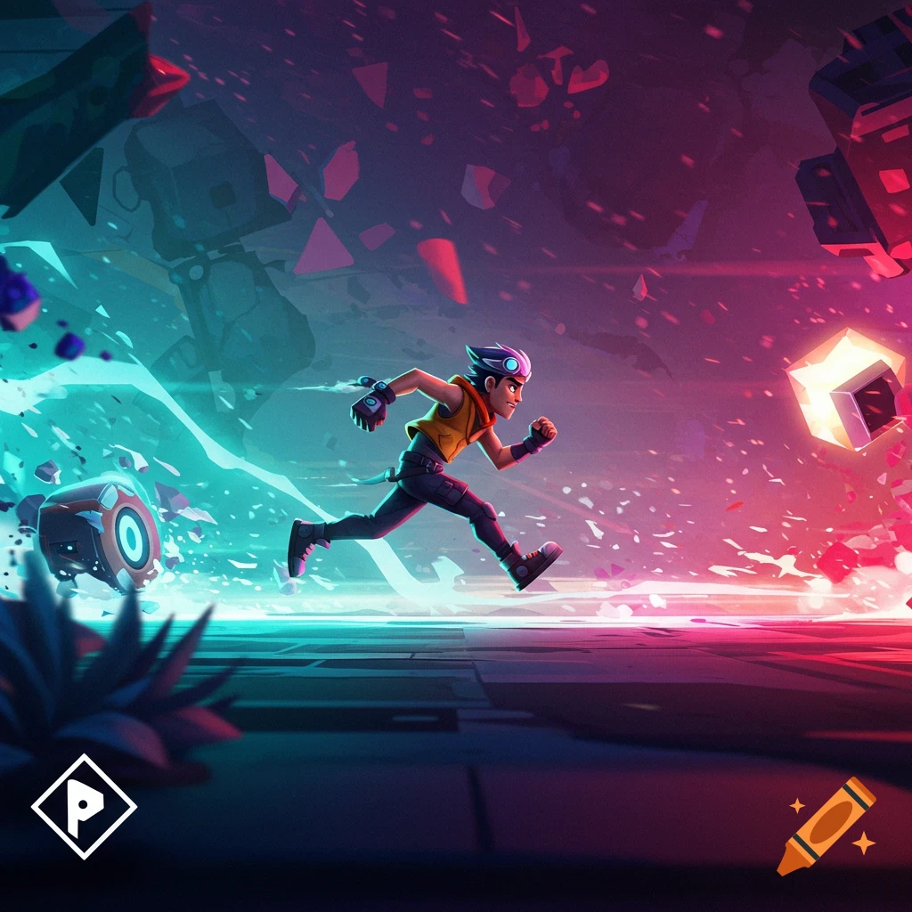 A stylized character runs through a futuristic digital world with neon lights and geometric shapes.
