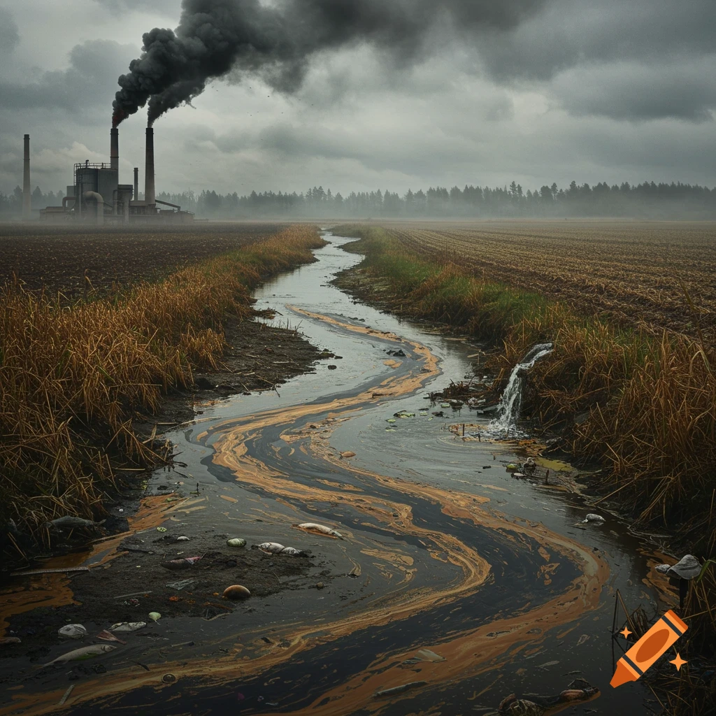 A polluted river flows through brown fields towards a smoking factory under a grey sky.