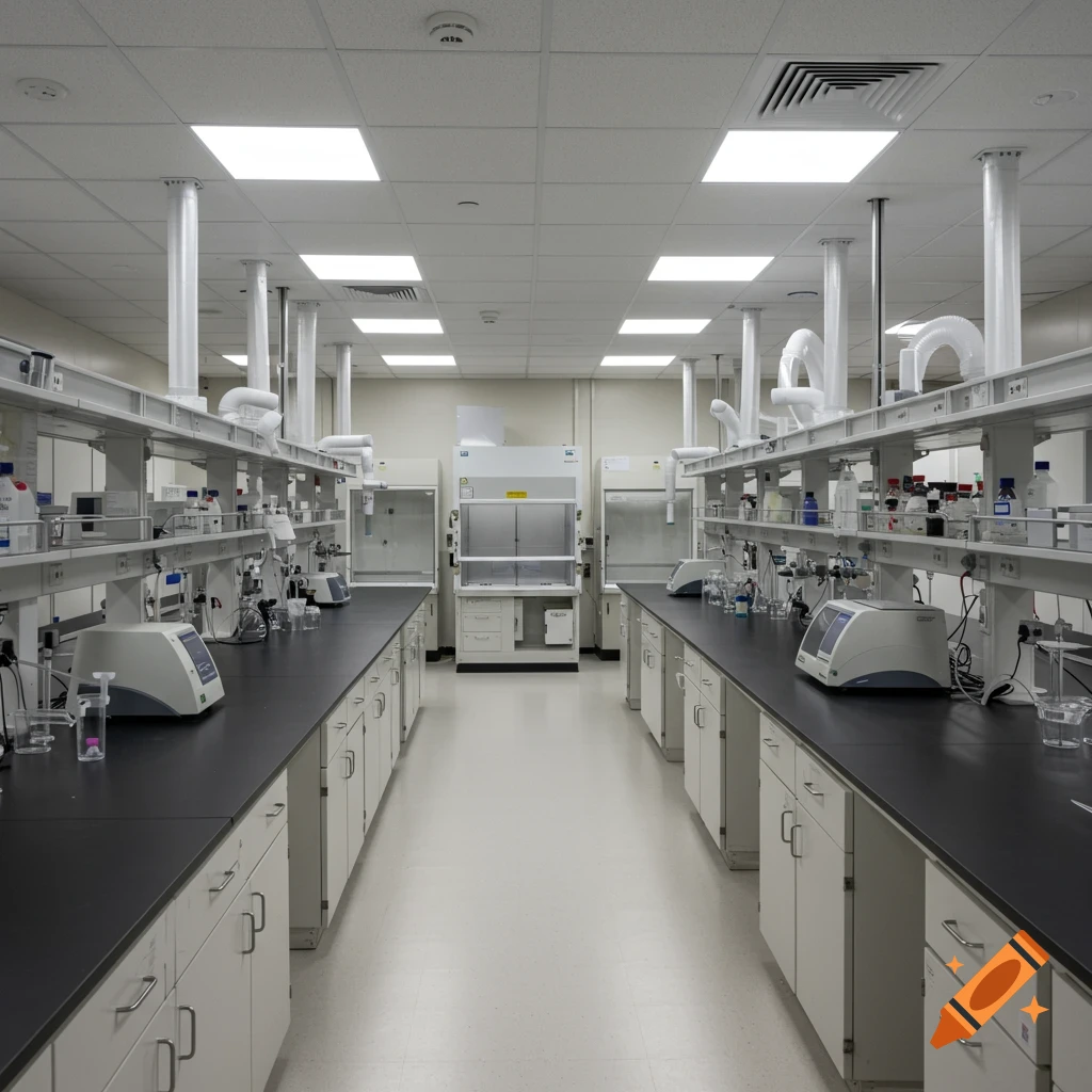 A photorealistic image of a modern university chemical laboratory with lab benches, equipment, and fume hoods.