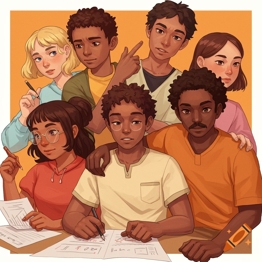 Illustration of diverse young people working together around papers