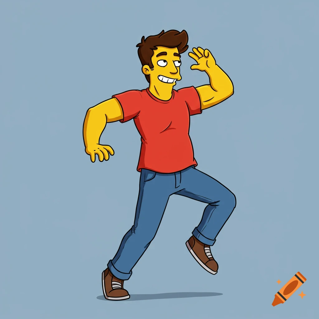 A yellow-skinned man in a red shirt and blue jeans in Simpsons style walks happily, raising one arm.