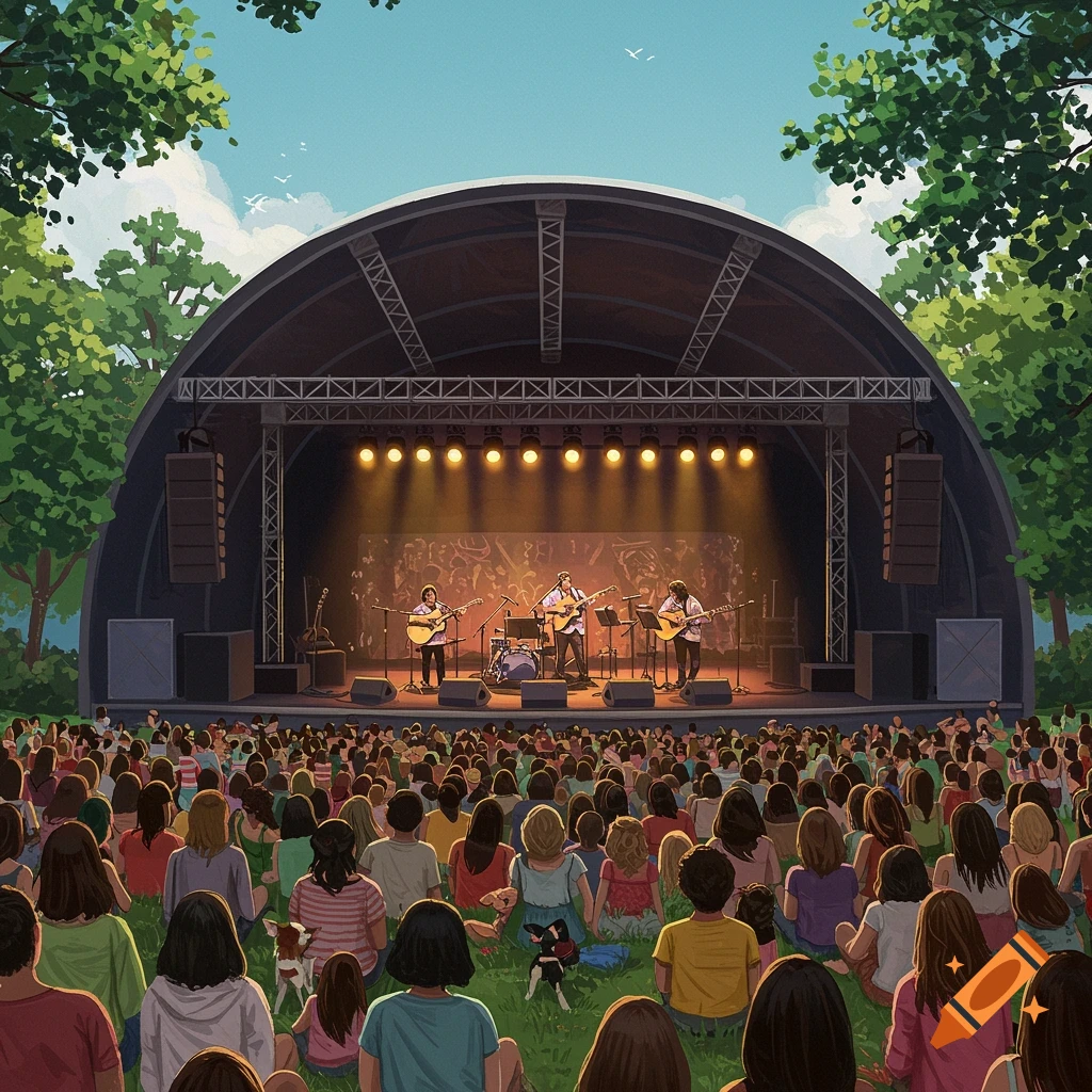 Outdoor concert in a park with a band playing on stage to a large audience.