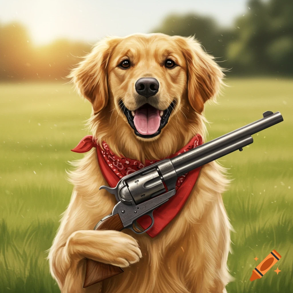 Golden retriever dog wearing a red bandana and holding a large revolver gun in a field at sunset.