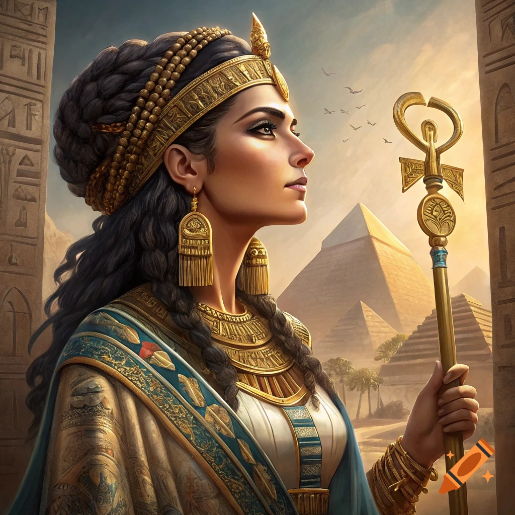 Woman in ancient Egyptian attire holding ankh staff with pyramids background