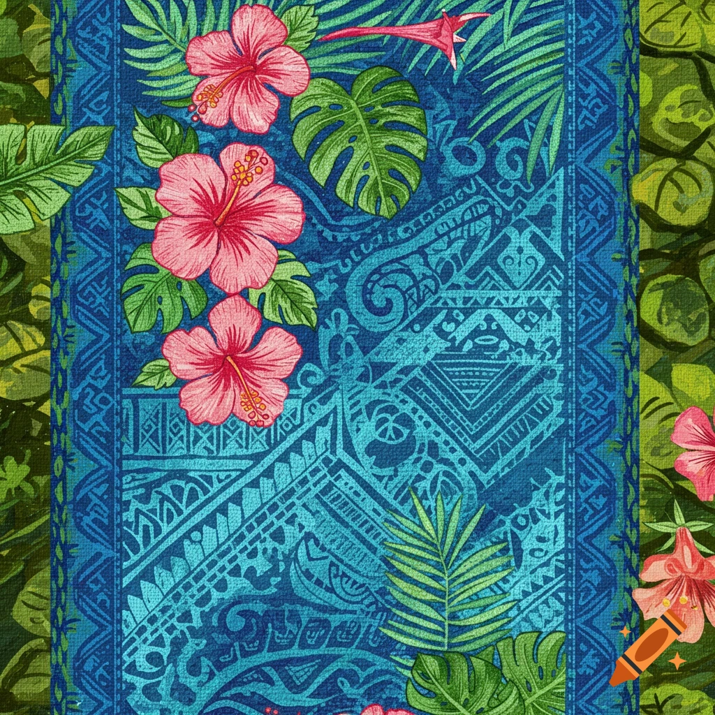 A blue background with tribal patterns is adorned with pink hibiscus flowers and green tropical leaves.
