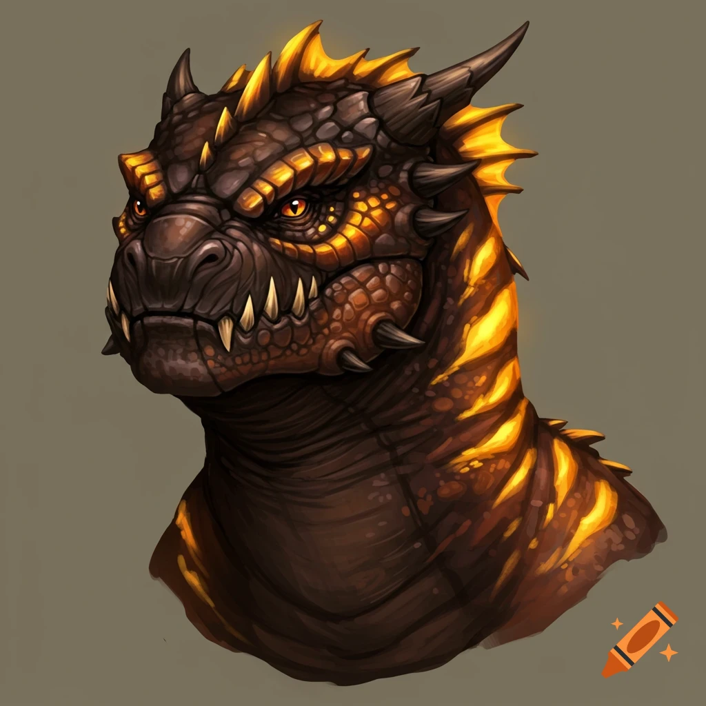 Close up of a brown dragon head with glowing yellow scales.