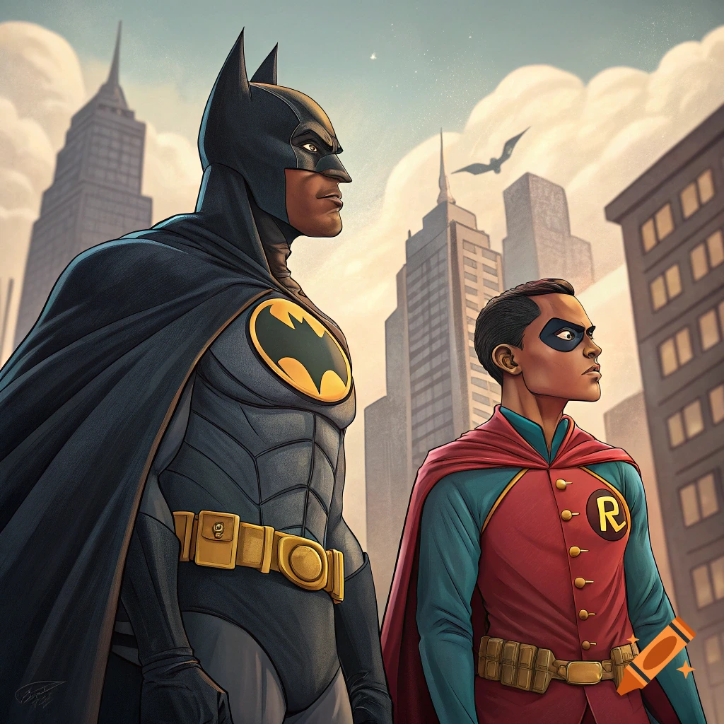 Batman and Robin stand side-by-side in a city in comic art style.