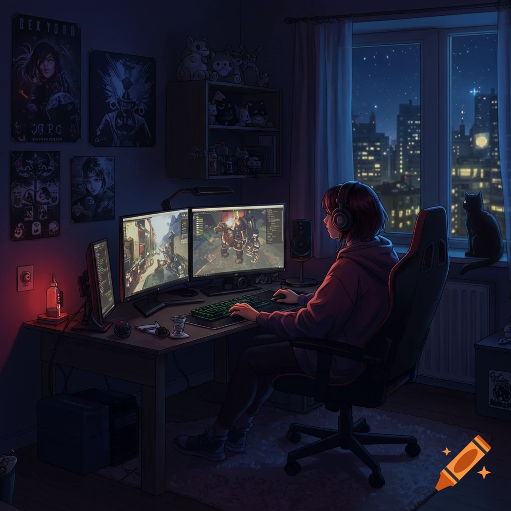 A young person with headphones plays video games at a dual monitor desk in a dark room at night. A cat sits on the windowsill.